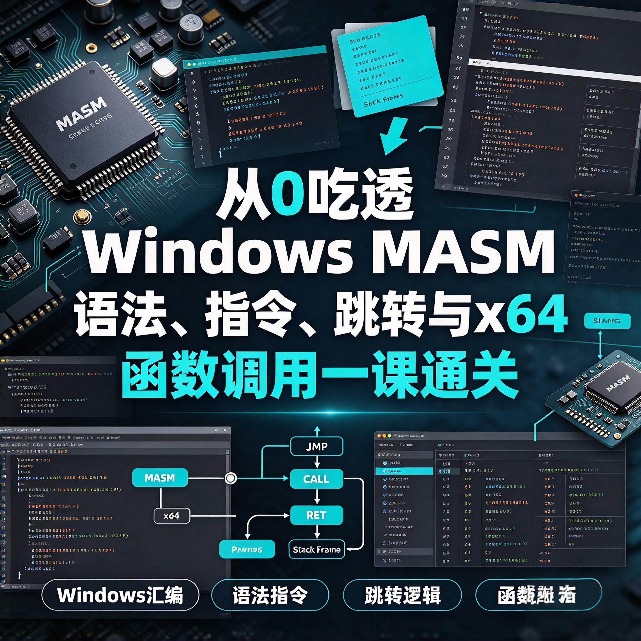 从0吃透 Windows MASM：语法、指令、跳转与 x64 函数调用一课通关  75讲